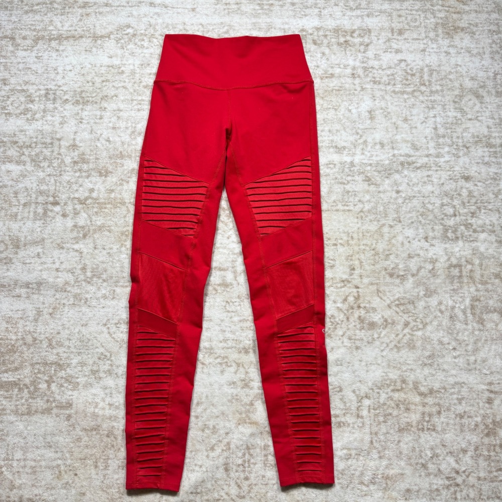 Alo Yoga Moto Leggings Womens Small Red Good High Waist Mesh Ribbed